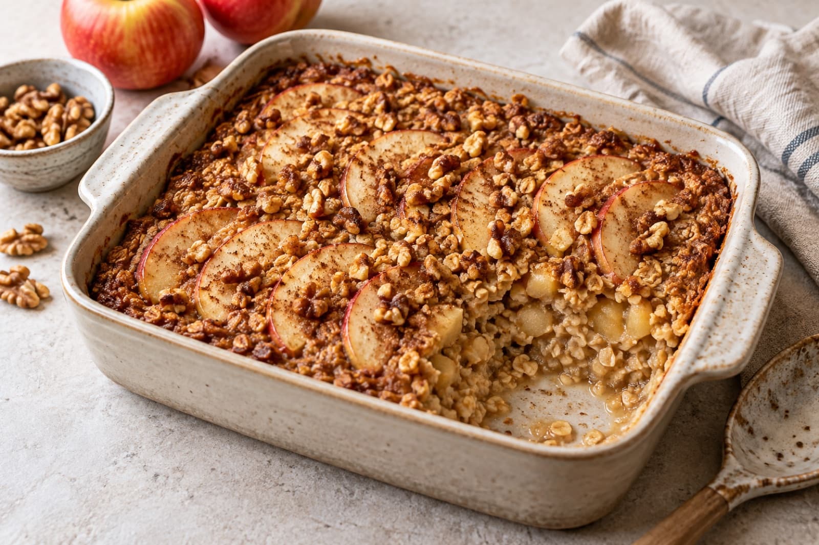 A breakfast table featuring baked apple oatmeal with walnut crumble