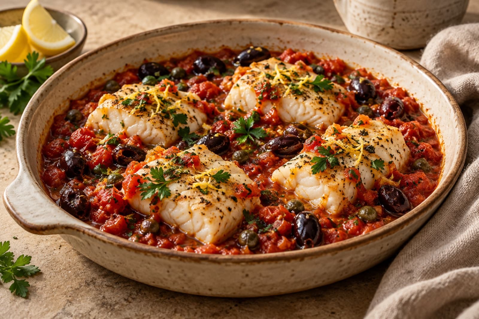 A dinner table featuring baked cod with tomato, olive and caper sauce