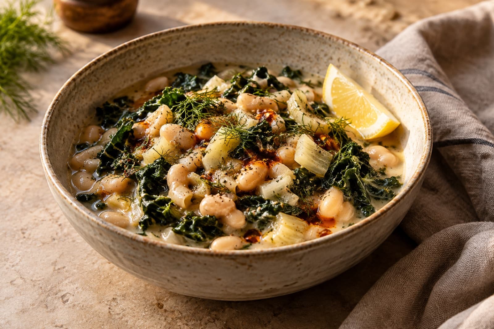 A dinner table featuring creamy white bean and kale stew