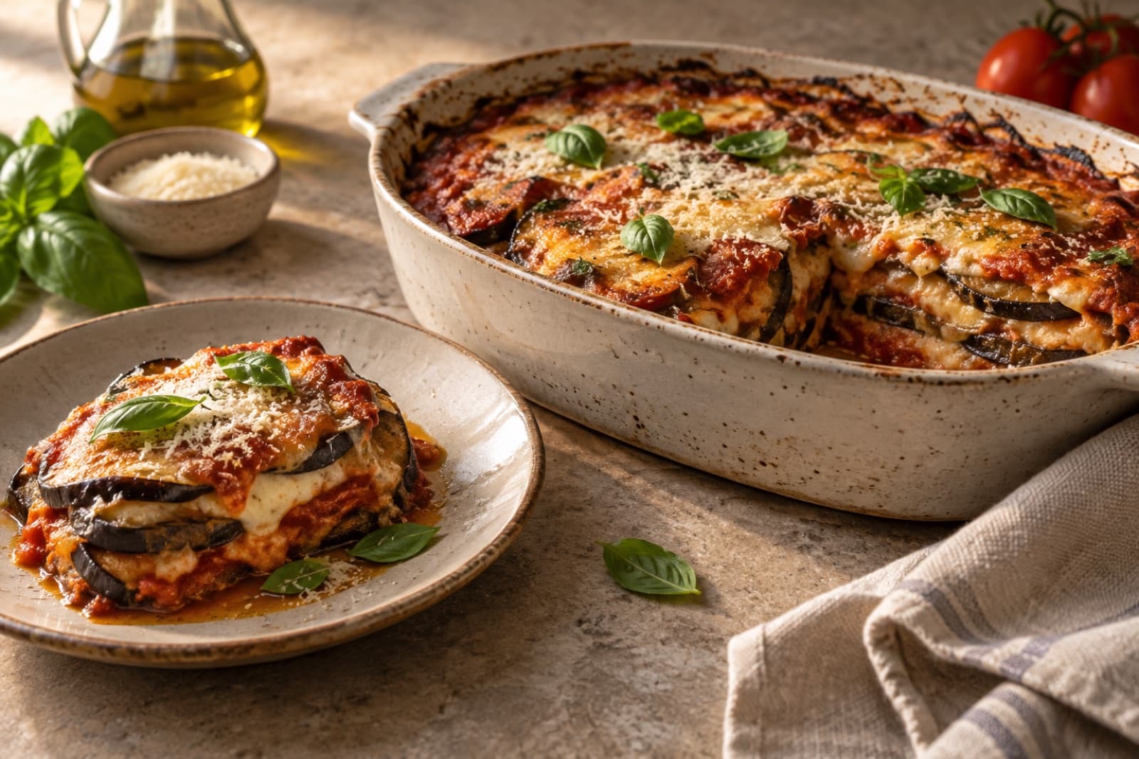 A dinner table featuring eggplant, tomato and mozzarella bake