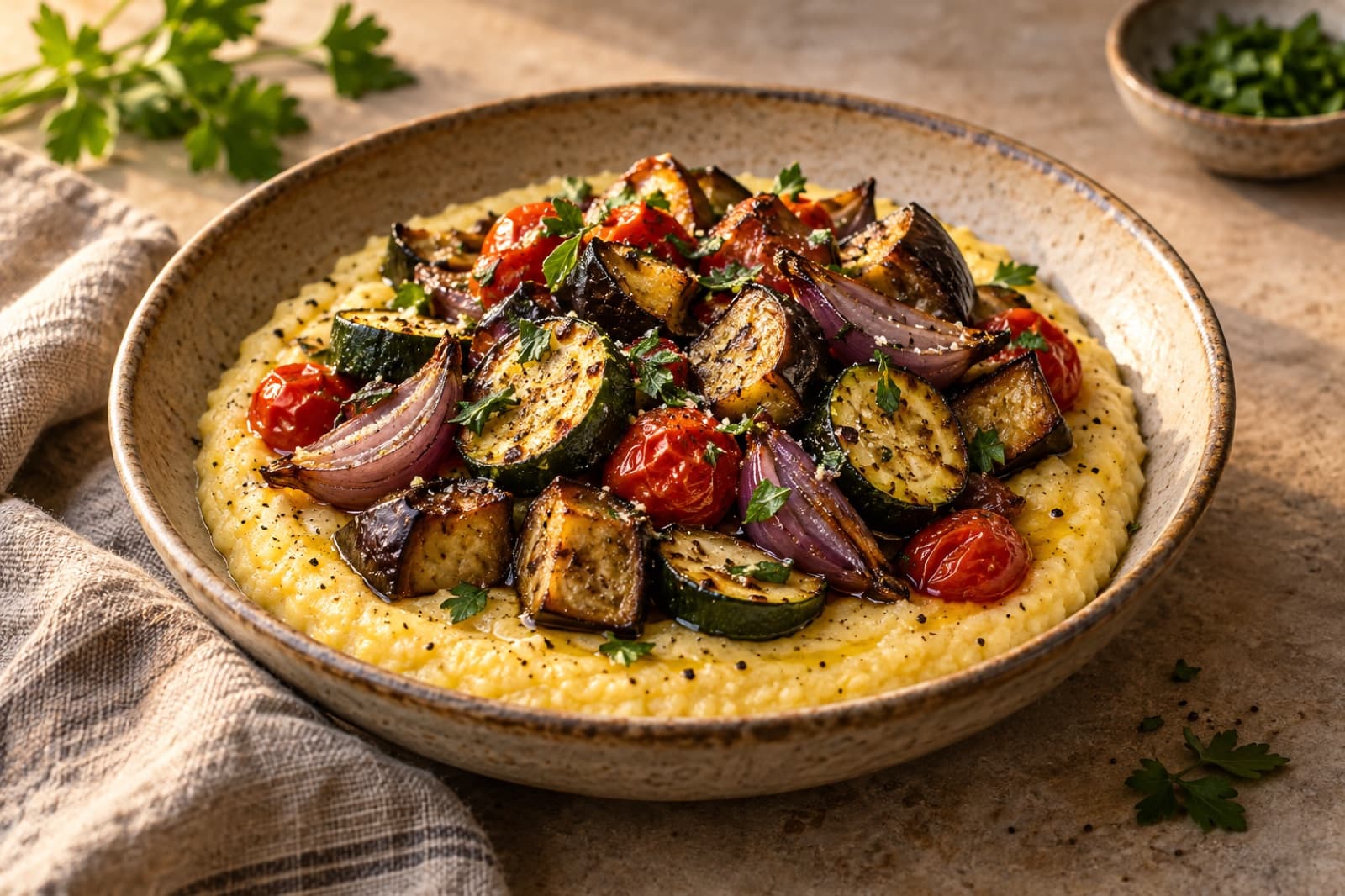A dinner table featuring garlic roasted vegetables over soft polenta