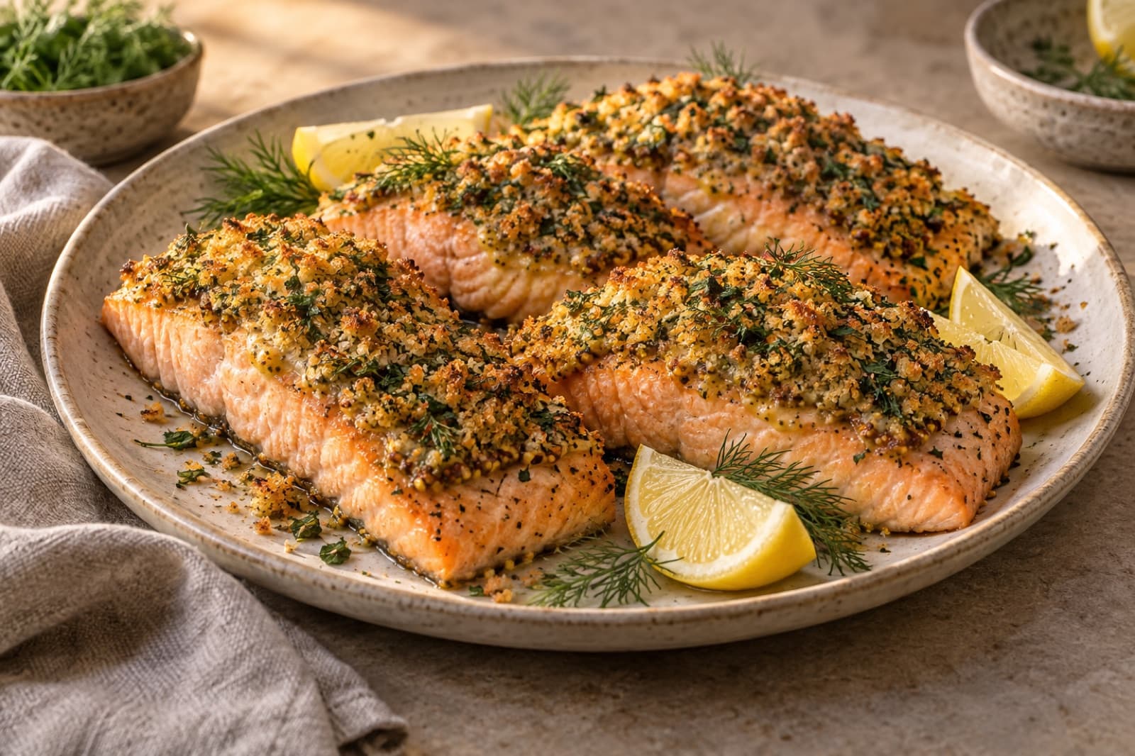 A dinner table featuring herb-crusted salmon with mustard