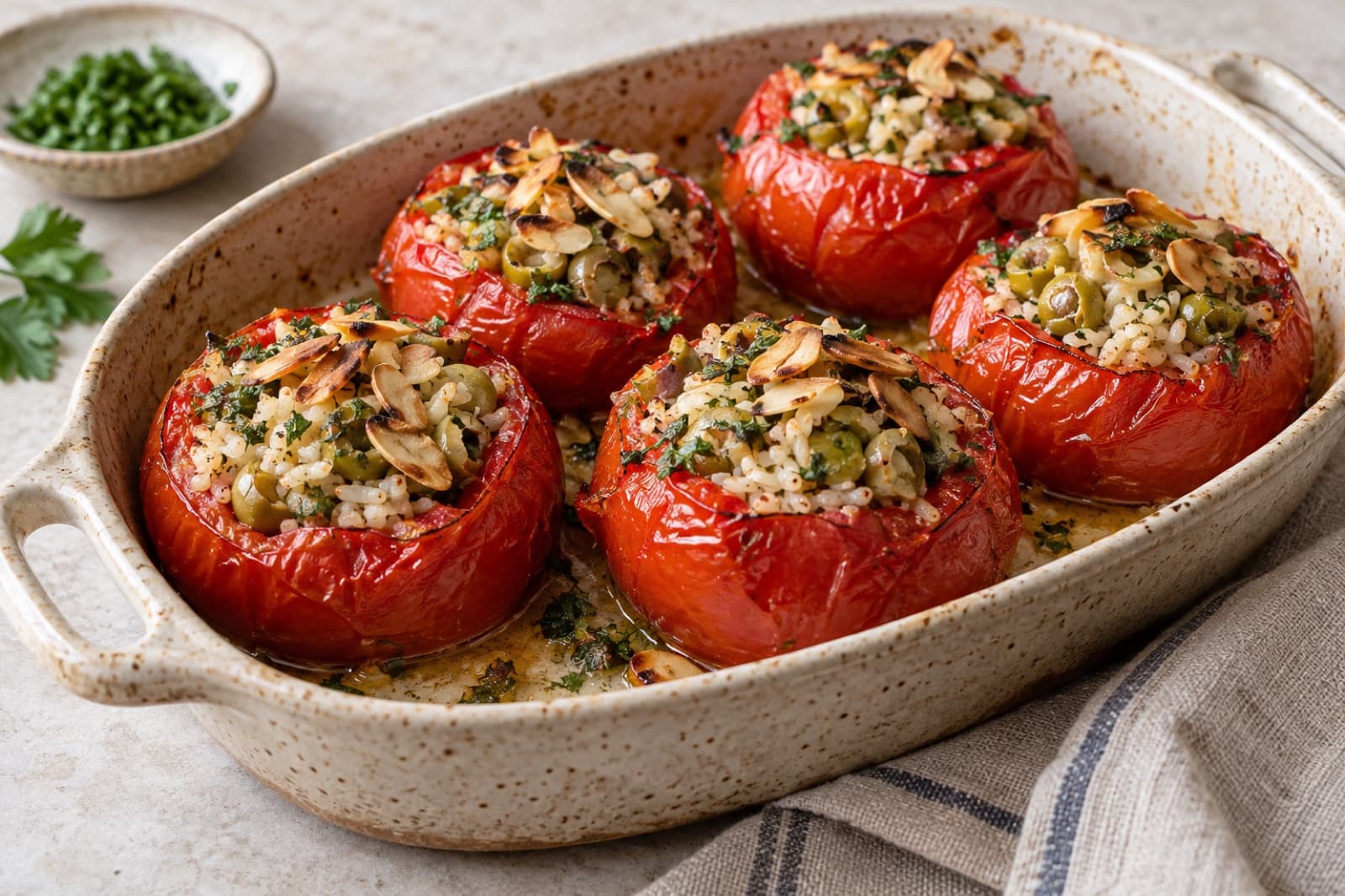 A lunch table featuring herbed rice-stuffed tomatoes