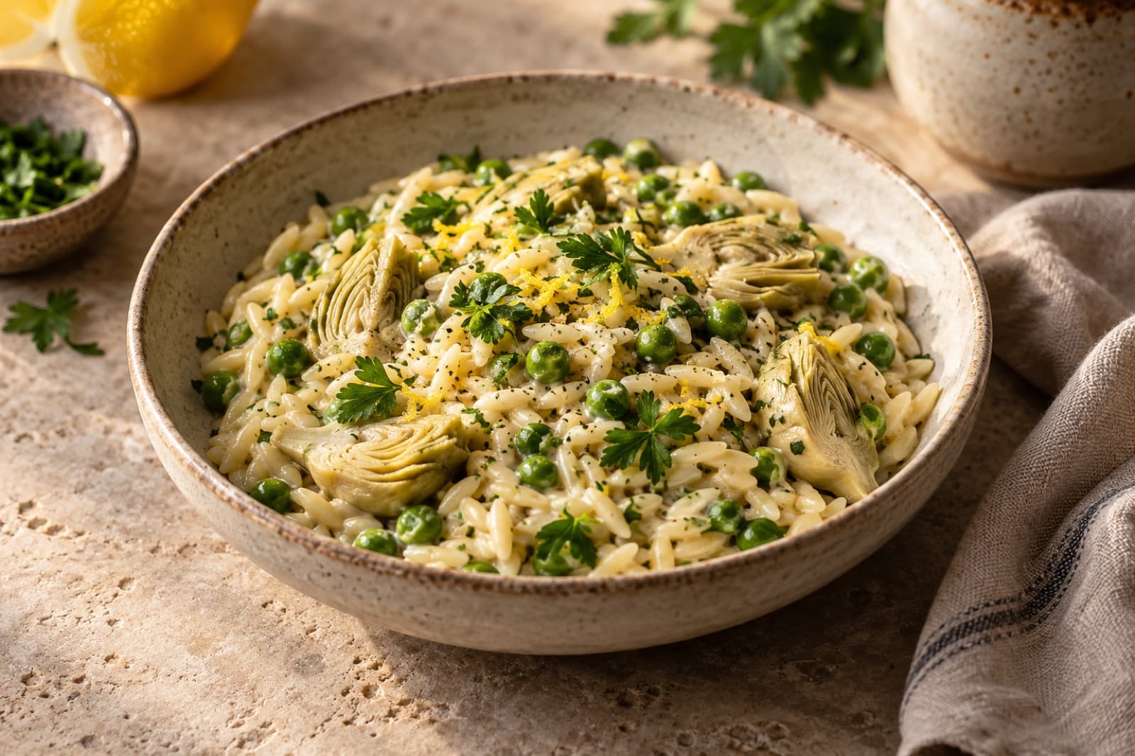 A dinner table featuring lemon artichoke orzo with peas