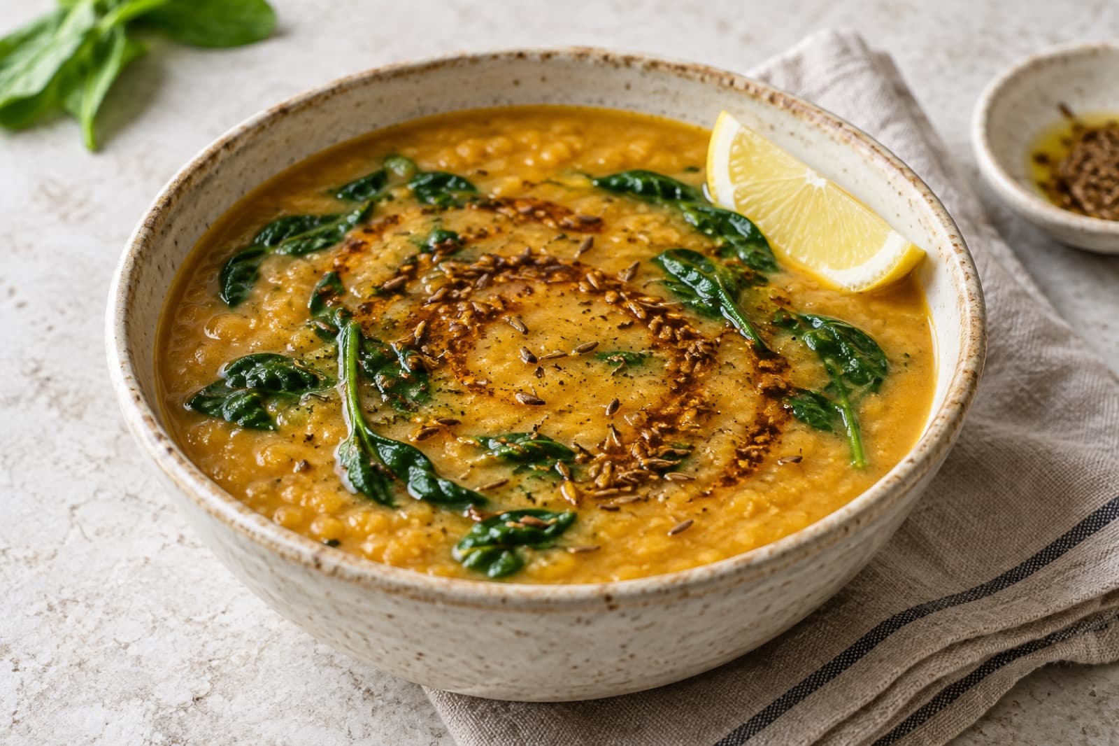 A lunch table featuring lemon red lentil soup with spinach