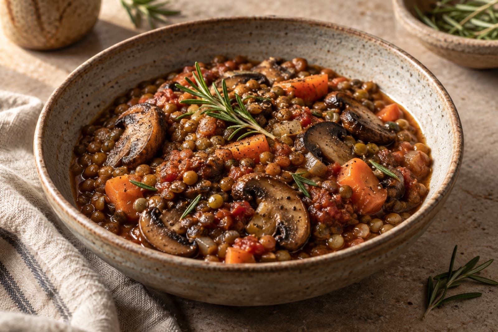 A dinner table featuring mushroom and green lentil ragout
