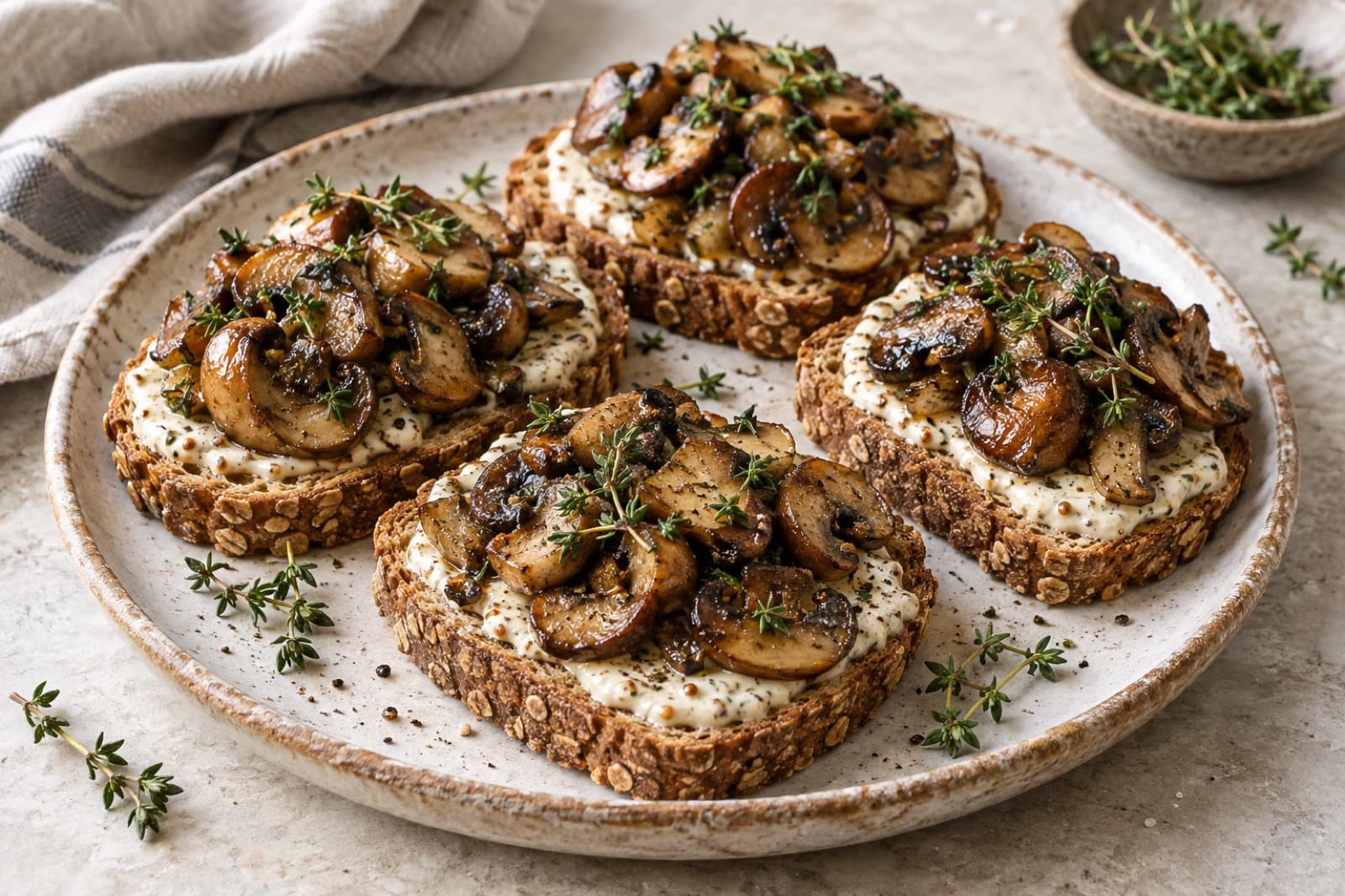 A breakfast table featuring mushroom and thyme breakfast toast