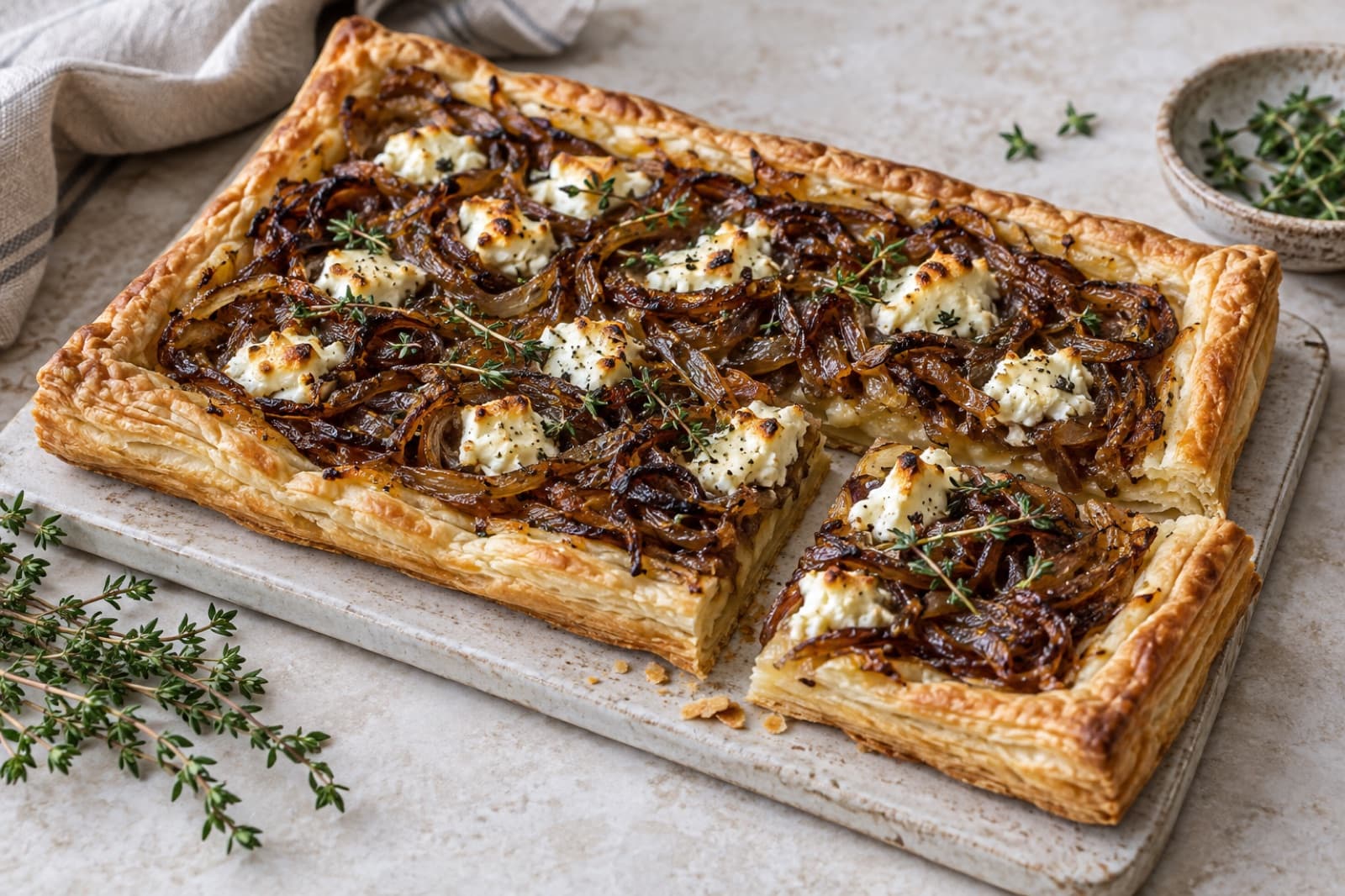 A lunch table featuring caramelized onion and goat cheese tart