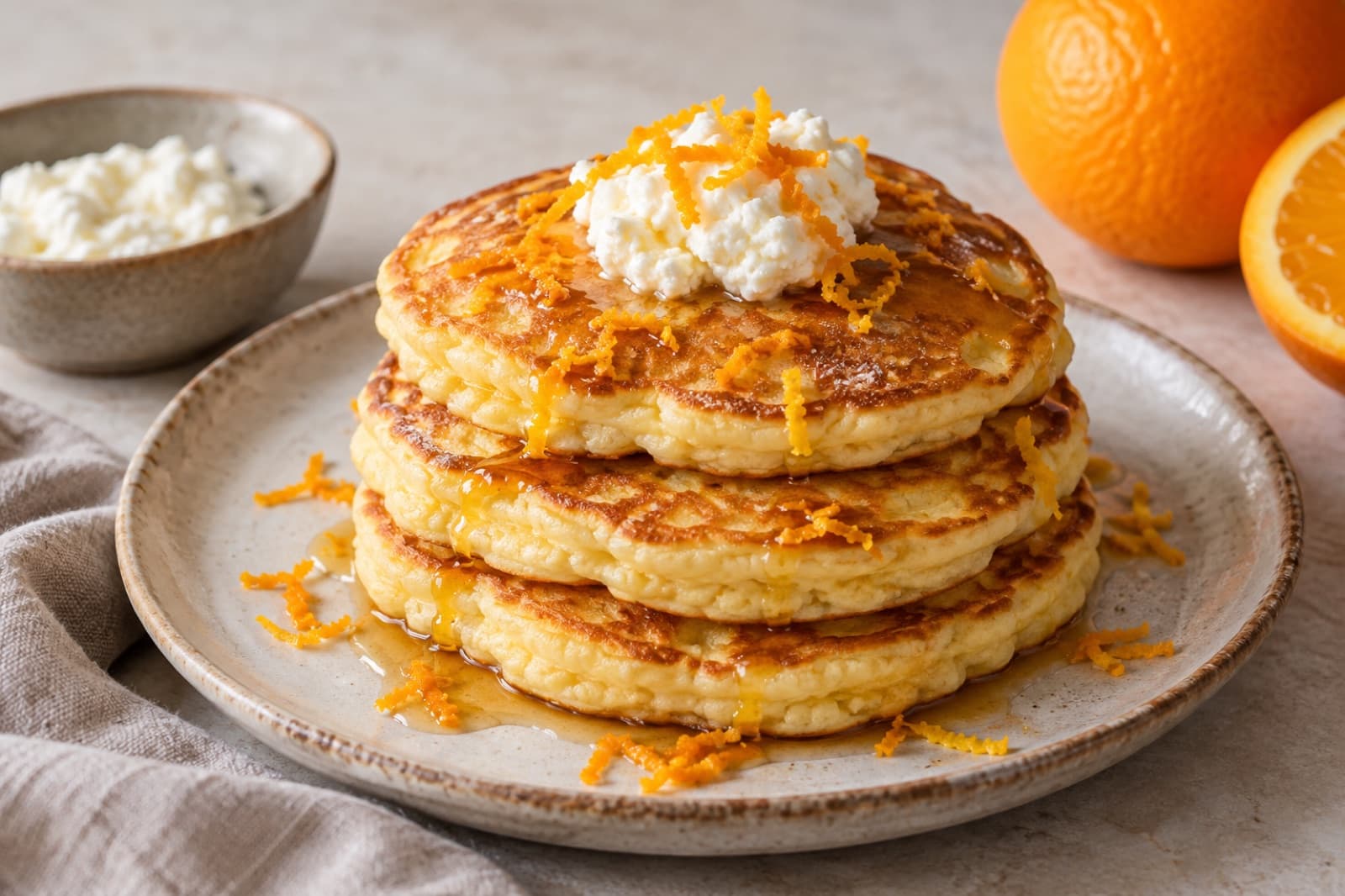A breakfast table featuring orange ricotta pancakes