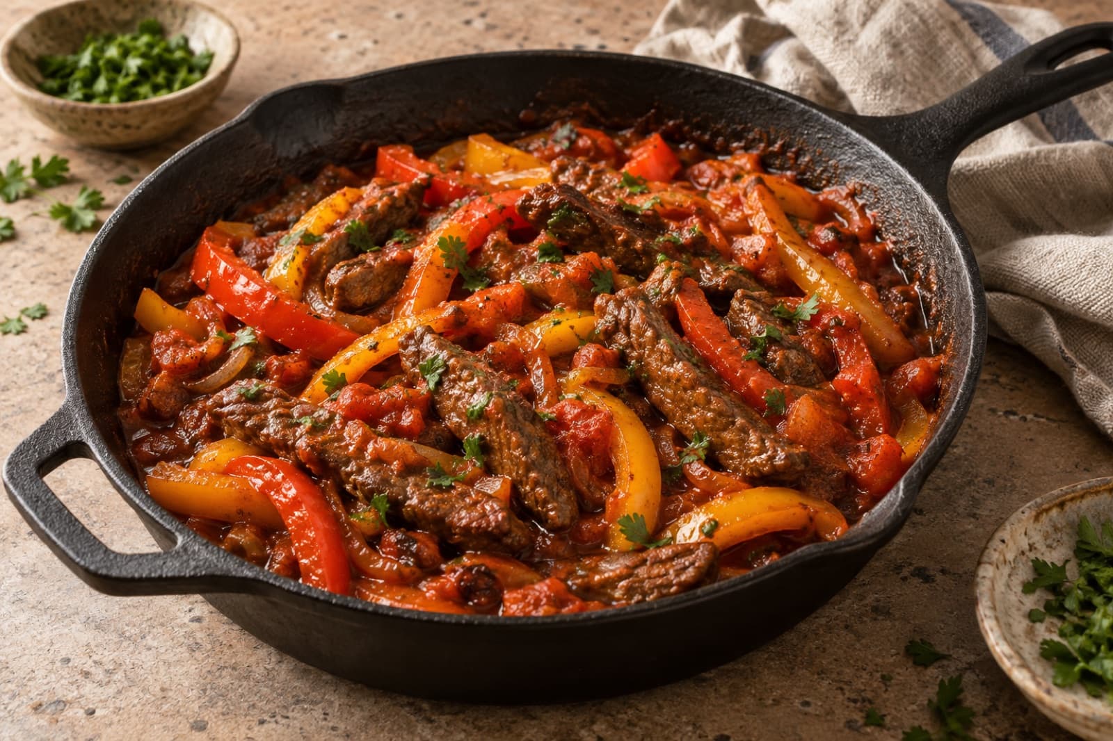 A dinner table featuring smoky paprika beef and pepper skillet