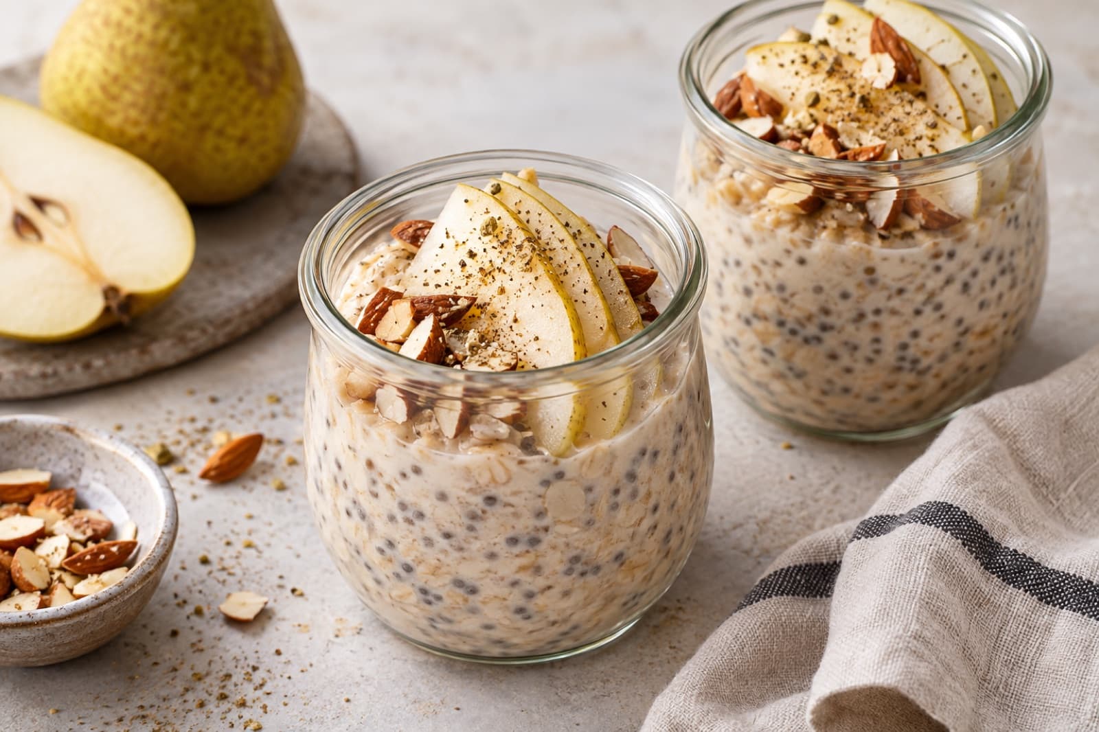 A breakfast table featuring pear and almond overnight oats