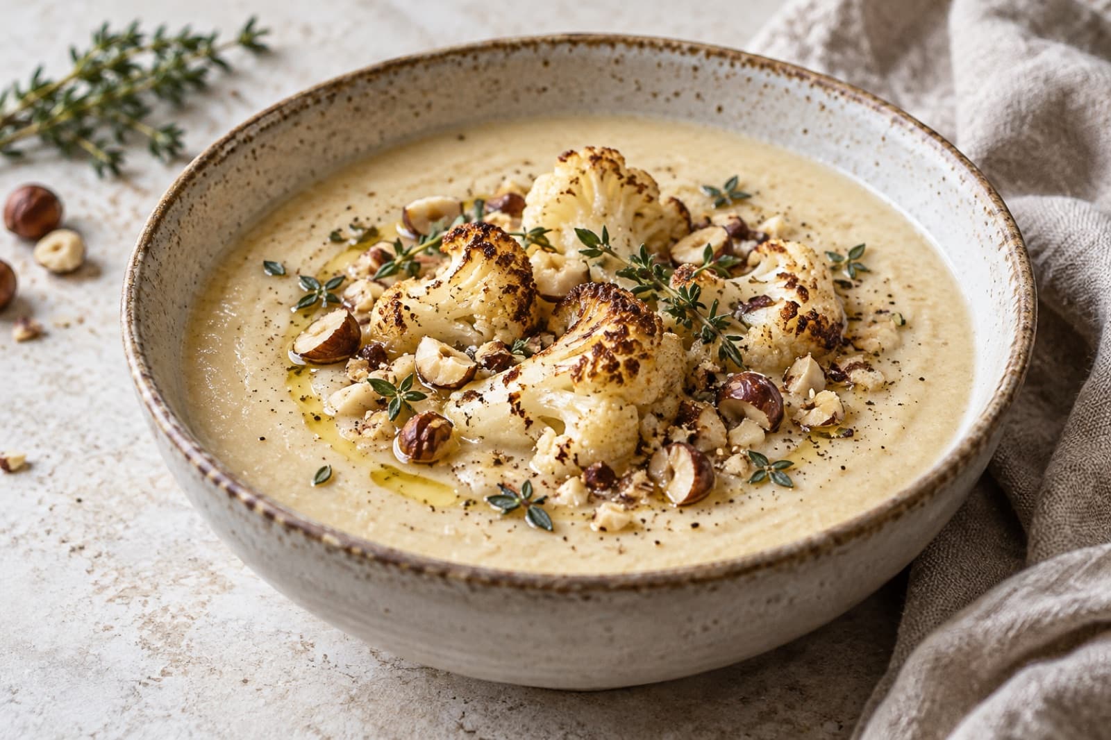 A lunch table featuring roasted cauliflower and garlic soup