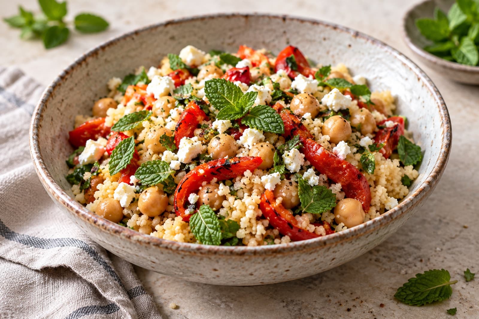 A lunch table featuring roasted pepper couscous with mint