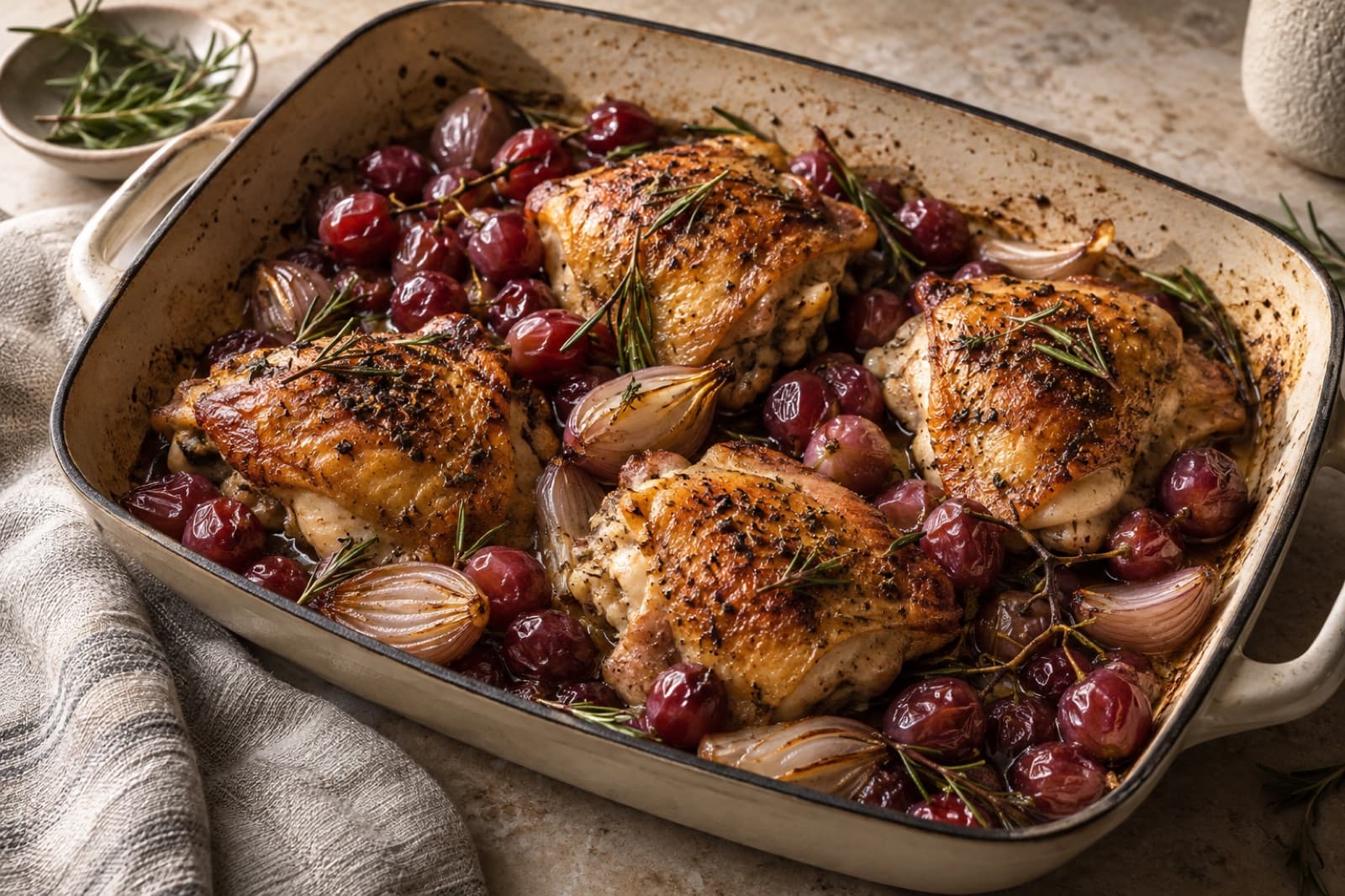 A dinner table featuring rosemary chicken with roasted grapes
