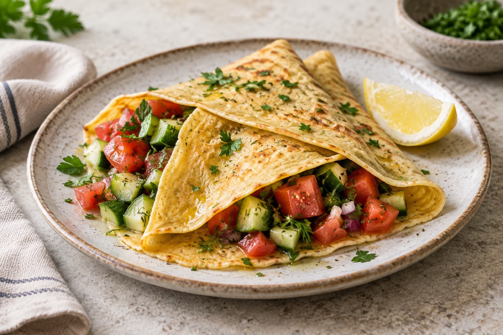 A breakfast table featuring savory chickpea crepes with herbs