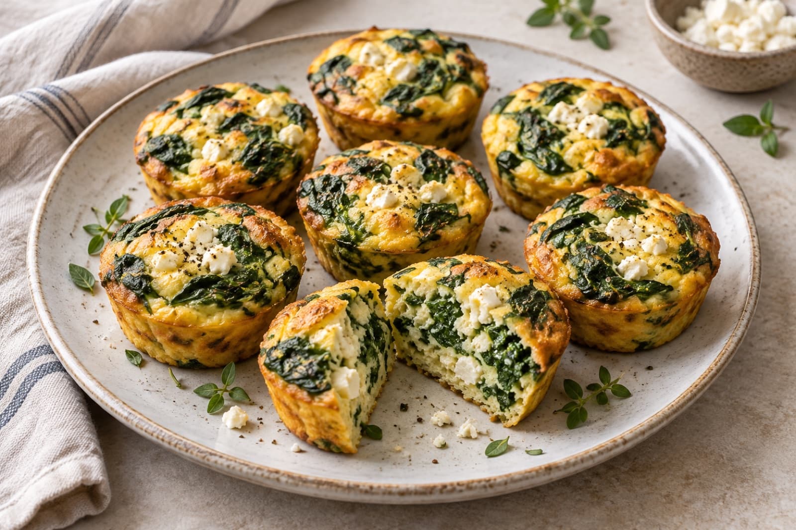 A breakfast table featuring spinach and feta egg muffins