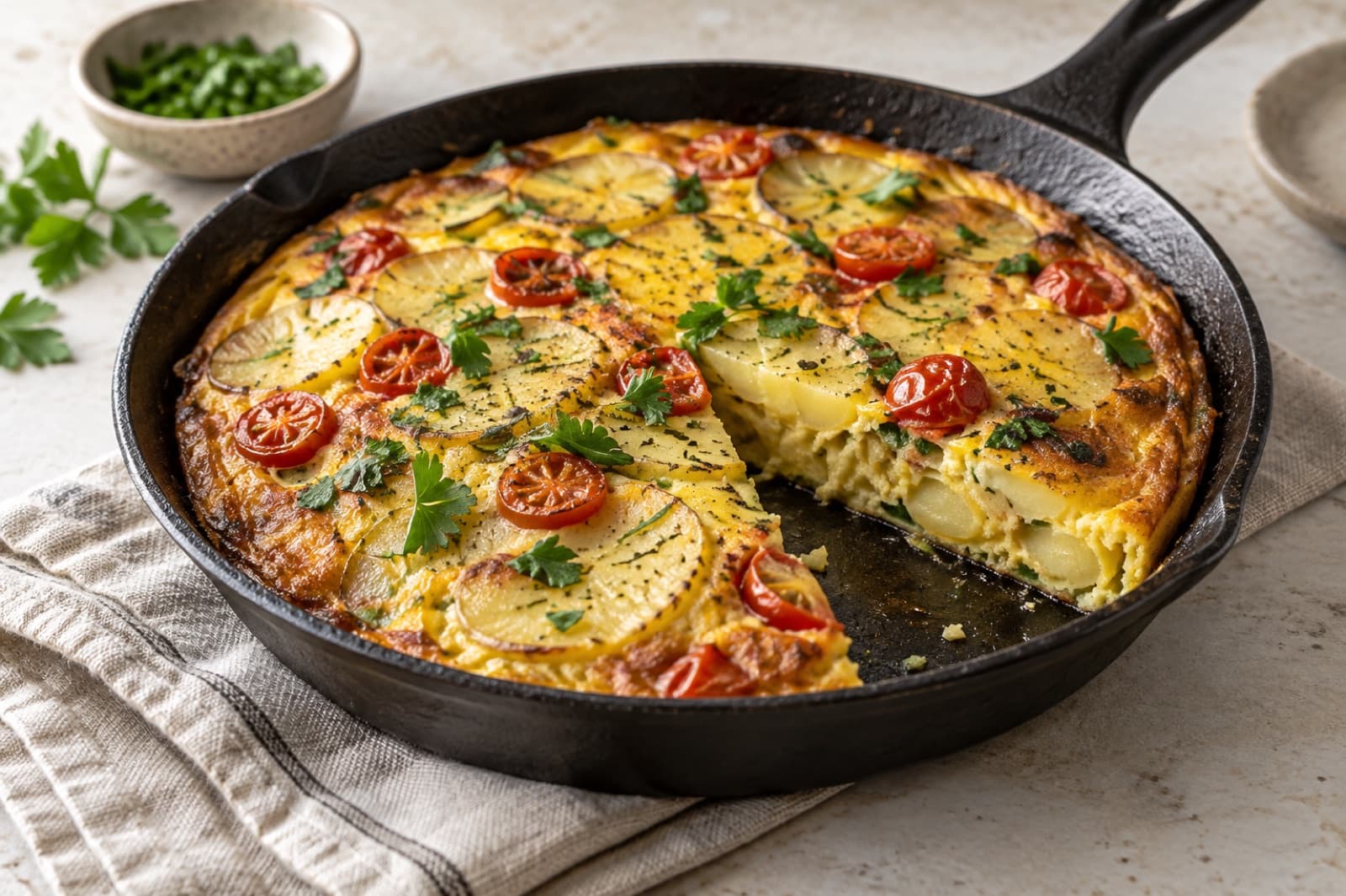 A breakfast table featuring tomato and potato skillet frittata