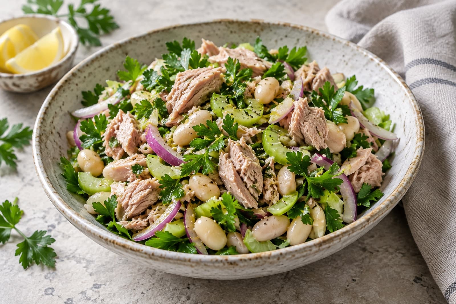 A lunch table featuring tuna and white bean parsley salad
