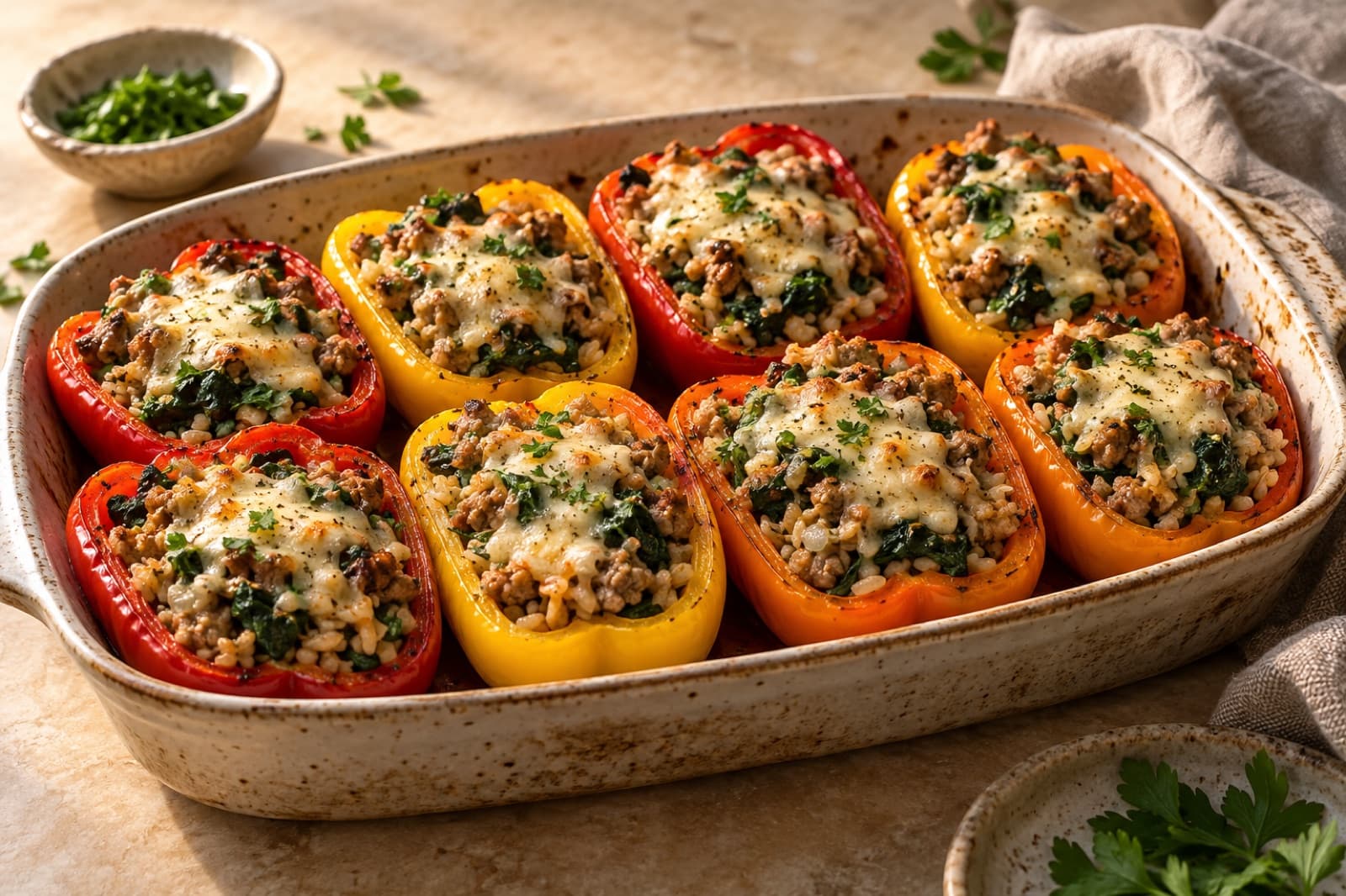 A dinner table featuring turkey and spinach stuffed peppers