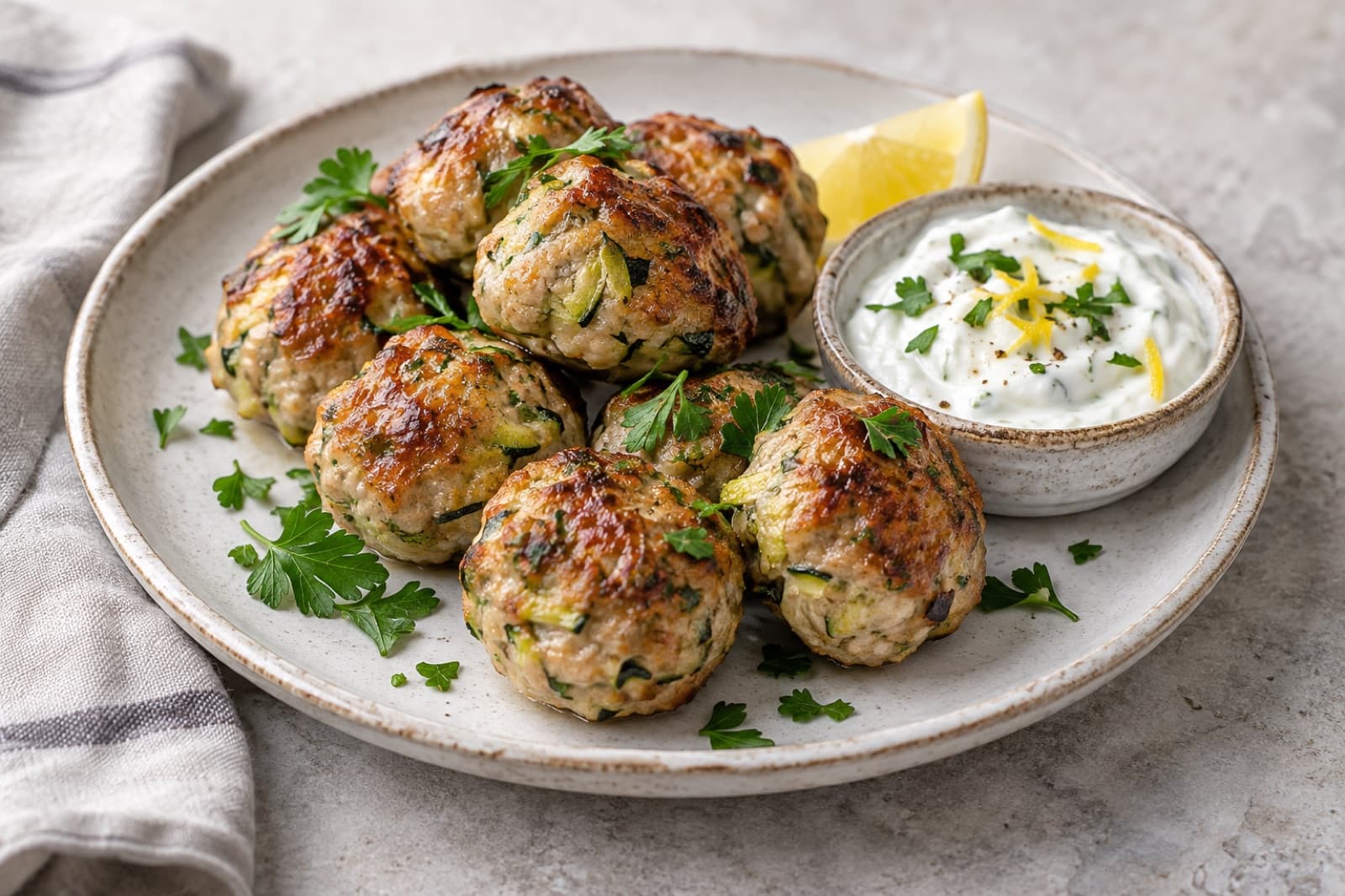A lunch table featuring turkey and zucchini meatballs with yogurt