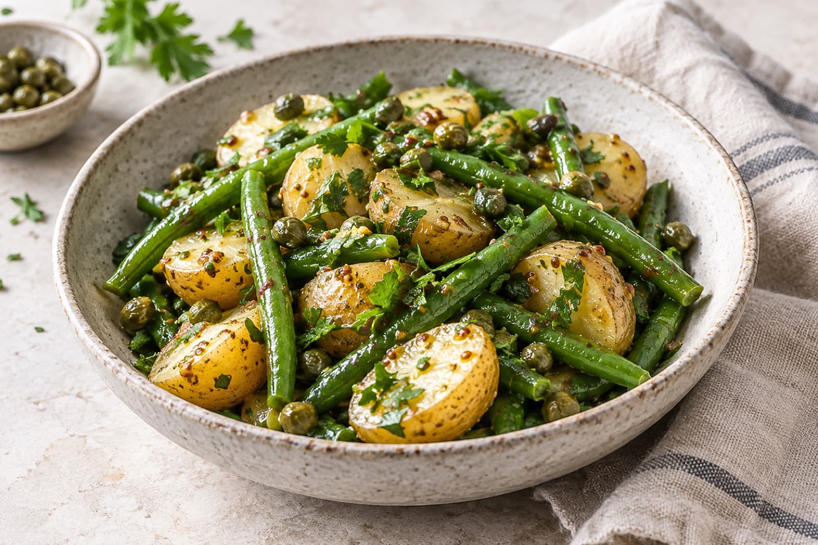 A lunch table featuring warm potato and green bean salad