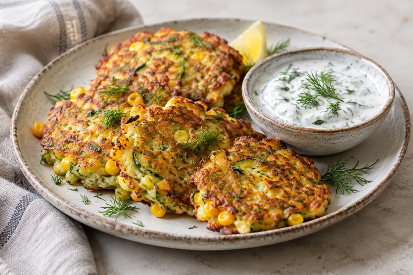 A breakfast table featuring zucchini and corn breakfast fritters