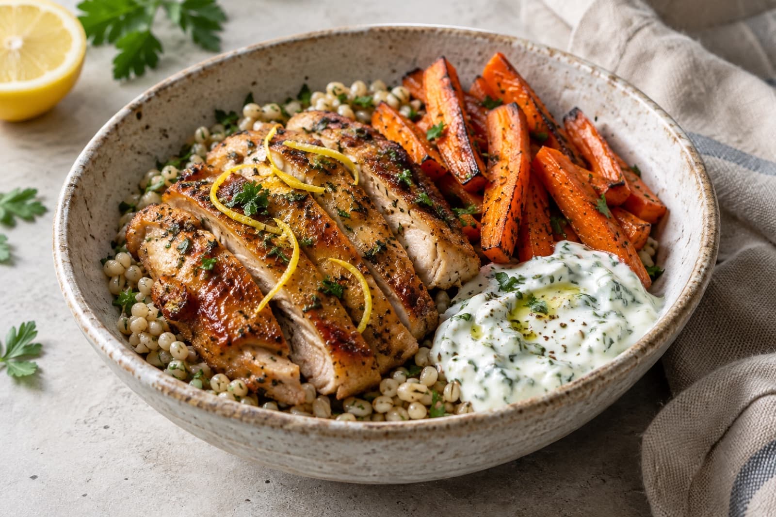 A lunch table featuring chicken and barley roasted carrot bowls