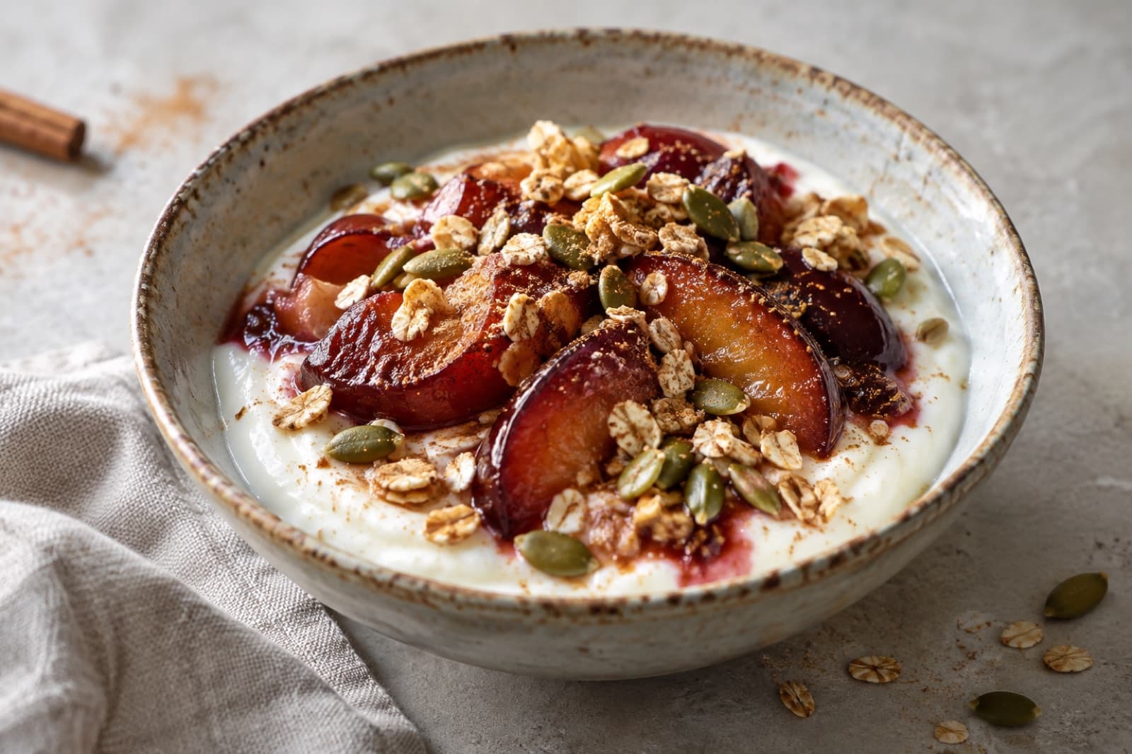 A breakfast table featuring cinnamon plum yogurt bowl