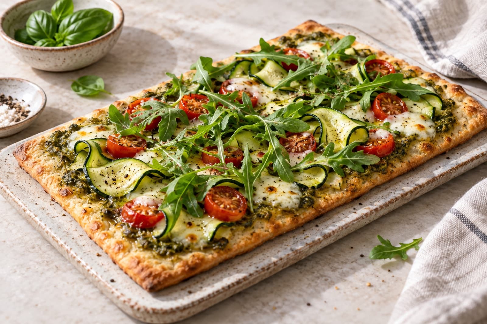 A lunch table featuring pesto vegetable flatbread